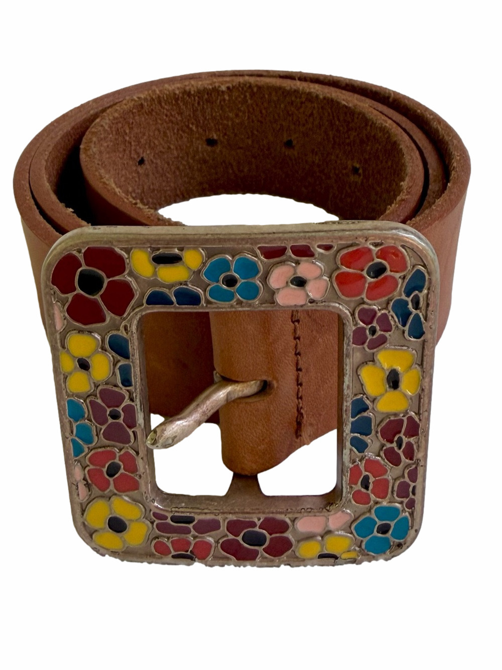 Vintage 90’s Tan Leather Belt Cloisonné Style Enameled Buckle Floral Size 30